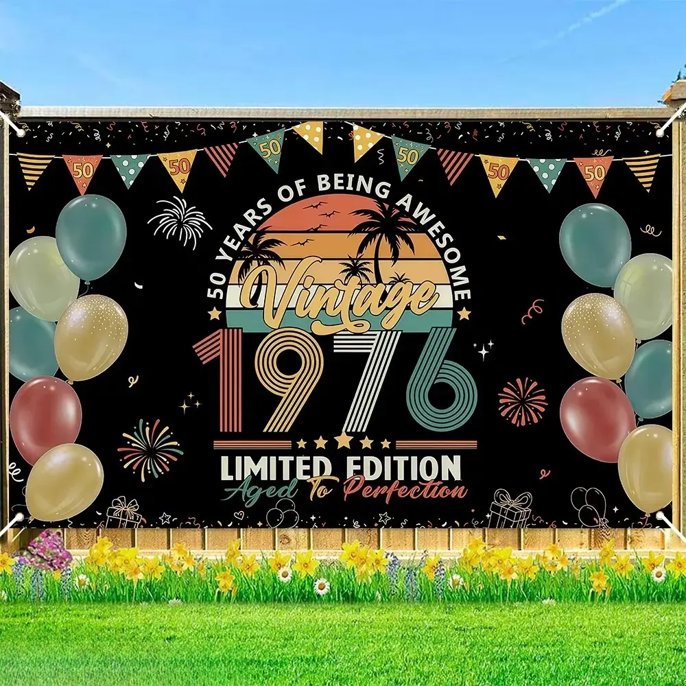 Vintage 50th Birthday Backdrop Retro 1976 Theme Tapestry Wall Hanging Photography Background Premium Polyester Fabric Anniversary Party Studio Celebration Decor Banner