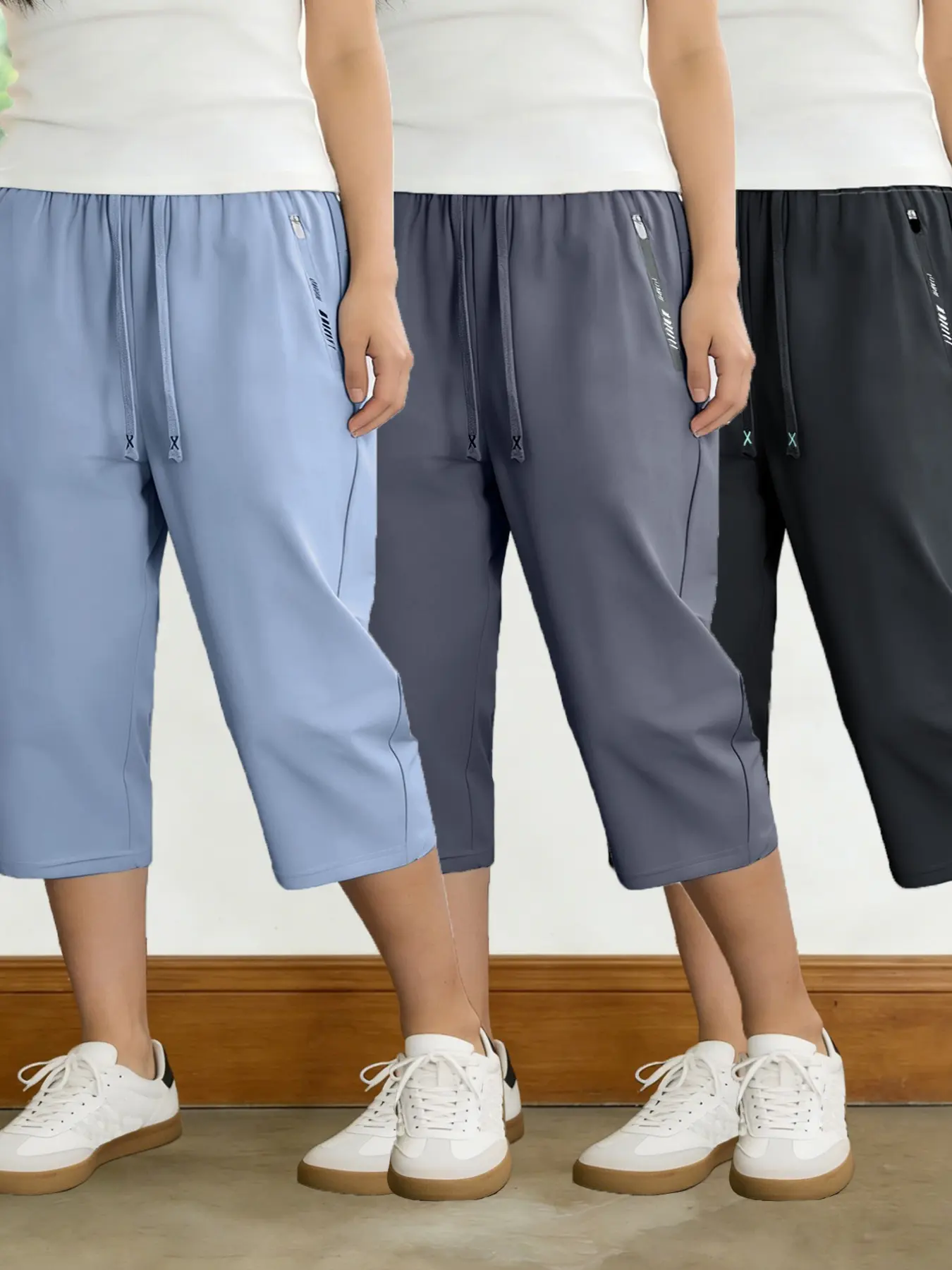 3-Pack Summer Plus Size Women's Shorts, Breathable Sports Shorts, Breathable Workout Shorts, Loose Fit Quick-Dry Sporty Casual Pants, Breathable Lightweight Seven-Eighths Trousers