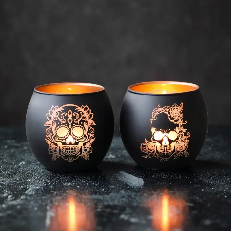 Set of 2 Sugar Skull Glass Candle Holders Gothic Day of the Dead Decor Red Black Vintage Tealight Holders for Halloween Home Table Mantel Decoration