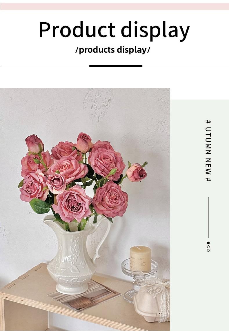 Vintage Burnt Edge 3-Head Rose Oil Painting Style Artificial Flowers Dried Flowers Handheld Bouquet Fake Flowers Decoration Photo Props