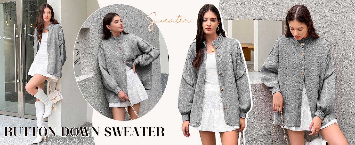 Saodimallsu Womens Oversized Cardigans Long Lantern Sleeve Button Down Chunky Knit Loose Fall Sweater Coats