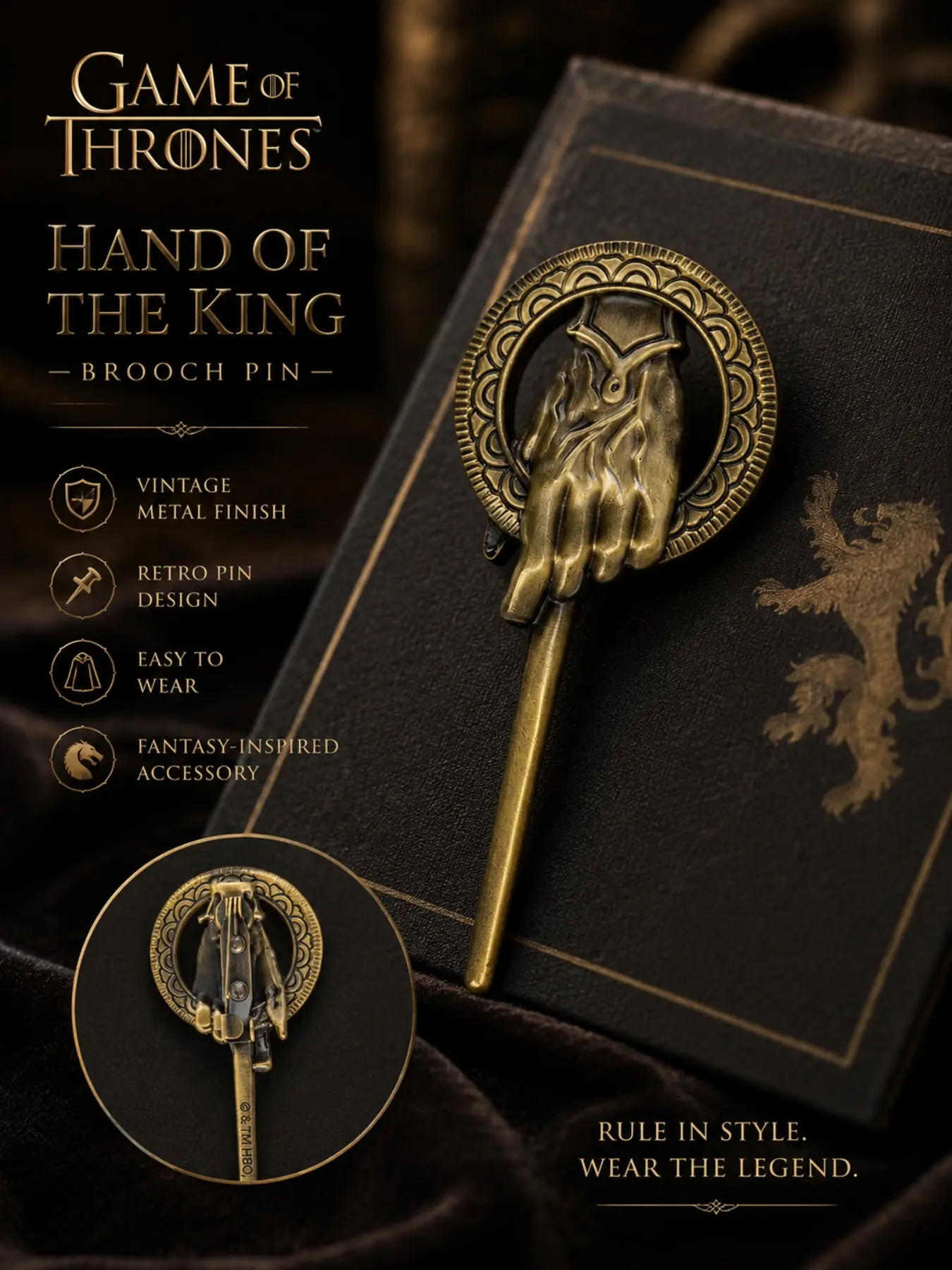 Wb Official Game of Thrones Hand of the King Brooch Pin, Vintage Bronze Cosplay Badge, Retro Jewelry, Halloween Gift for Fans Men