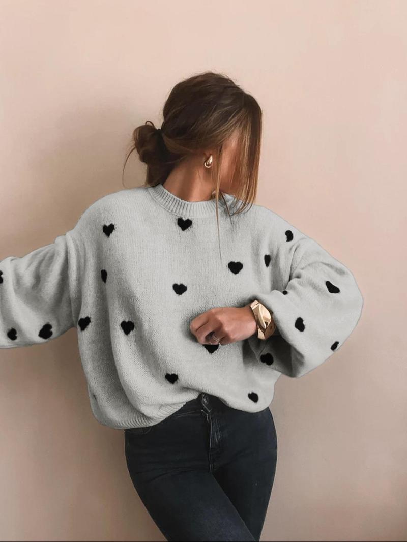 Women's All Over Heart Print Drop Shoulder Sweater, Casual Long Sleeve Round Neck Jumper for Fall & Winter, Fashion Ladies' Knitwear for Daily Wear