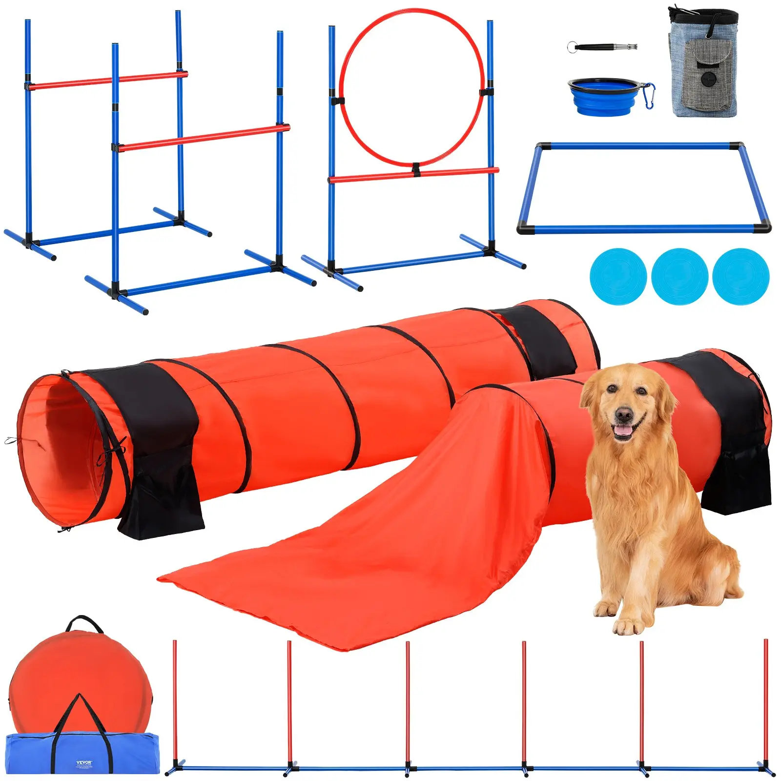 【DealsForYouDays】VEVOR Upgrade Version Dog Agility Training Equipment Kit, 7 PCS Set with Adjustable Height Hurdles, 6 PVC Bars, 2 Tunnels, Jump Ring, Pause Box, Whistle, Foldable Bowl, 3 Storage Bags for Bonding Fun