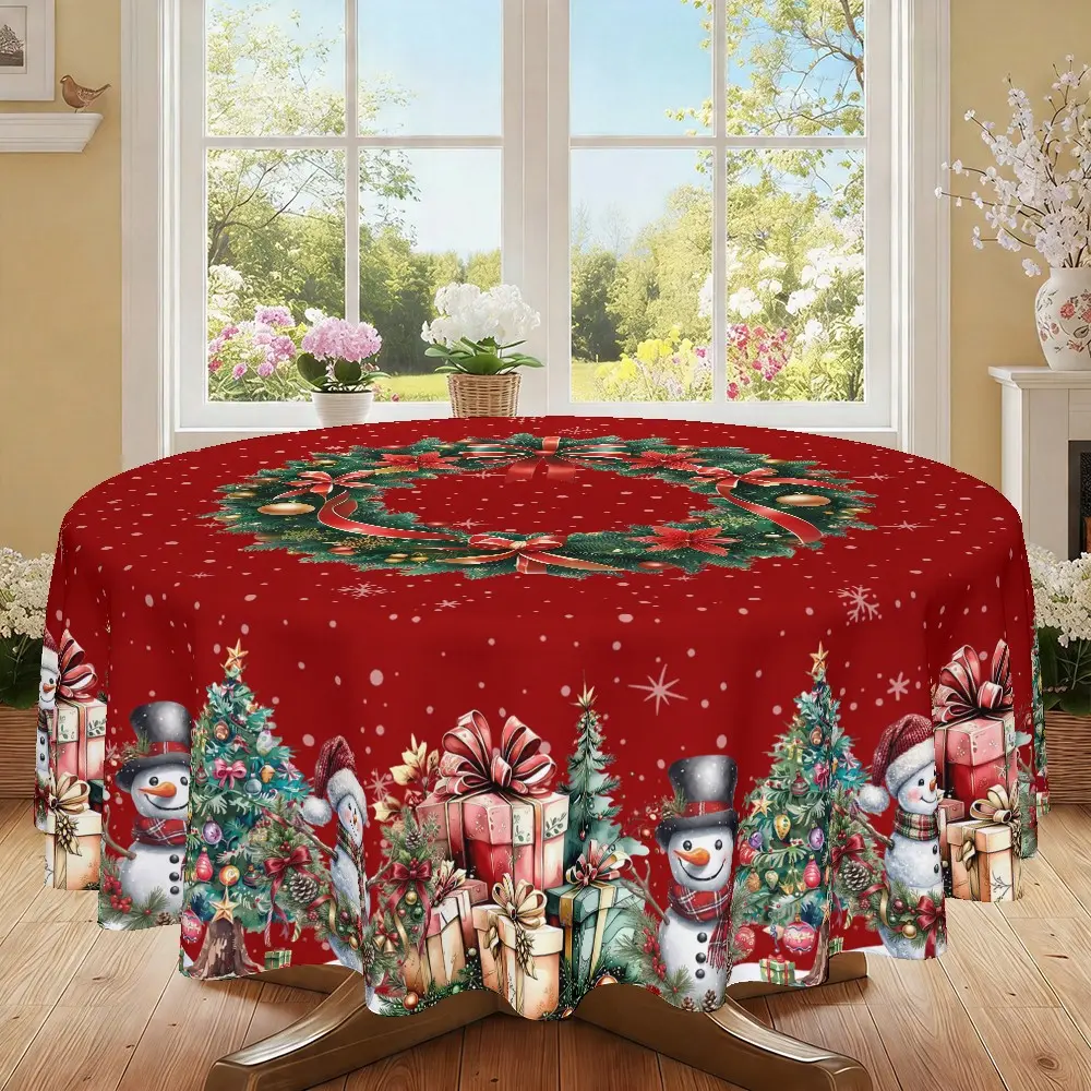 Christmas Cartoon Snowman Garland Print Round Tablecloth, Polyester Material, Daily Use, Party Decor, Hotel Restaurant Home Decoration, Winter Warmth