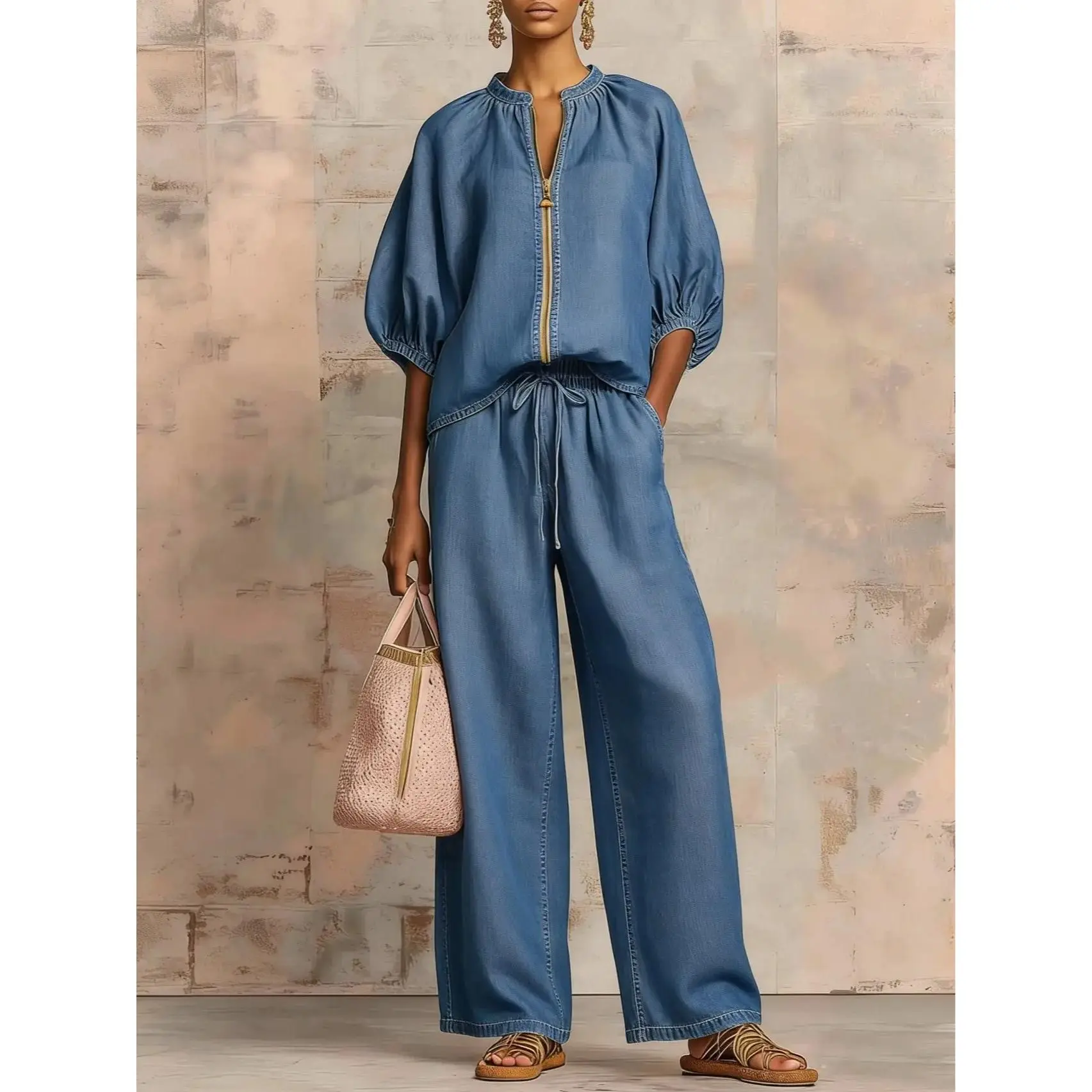 Women's Summer Solid-Color Casual 2-Piece Womenswear Clothes Set - Round-Neck Zip-Up Simple Elegant Top, Elastic-Waist Wide-Leg Pants for Everyday Outings, Strolling