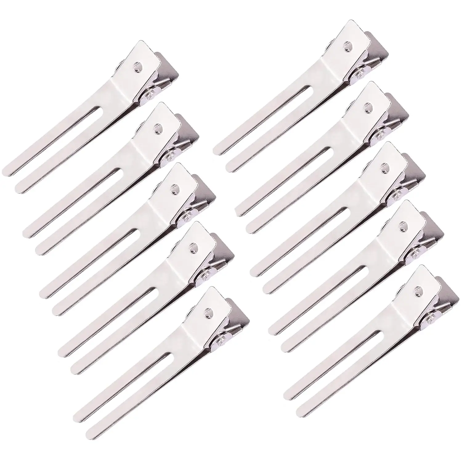 10 Pack Double Prong Pin Curl Clips, Duck Billed Hair Clips for Hairdressing Setting, Section Clips, 1.8" Silver Rustproof Metal Curl Hair Clips for Styling, Coloring, Sectioning