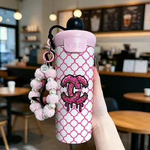 600ML Thermal Insulated Tumbler with Straw, Pearl Bead Bracelet, Donut Print, Stainless Steel, Leak-Proof, Durable, Portable Travel Cup, Vacuum Flasks, Fashion Gift for Women, Drinkware