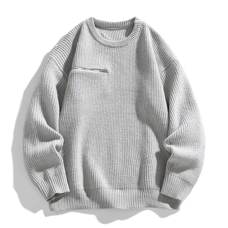 Men's Solid Crew Neck Knit Sweater For Autumn & Winter, Minimalist Style, Thick Grid Textured Knit Fabric, Decorative Zipper Chest Pocket, Soft & Warm Fabric, Trendy With Rich Layering Effect, Suitable For Daily Commute And Street Outfits