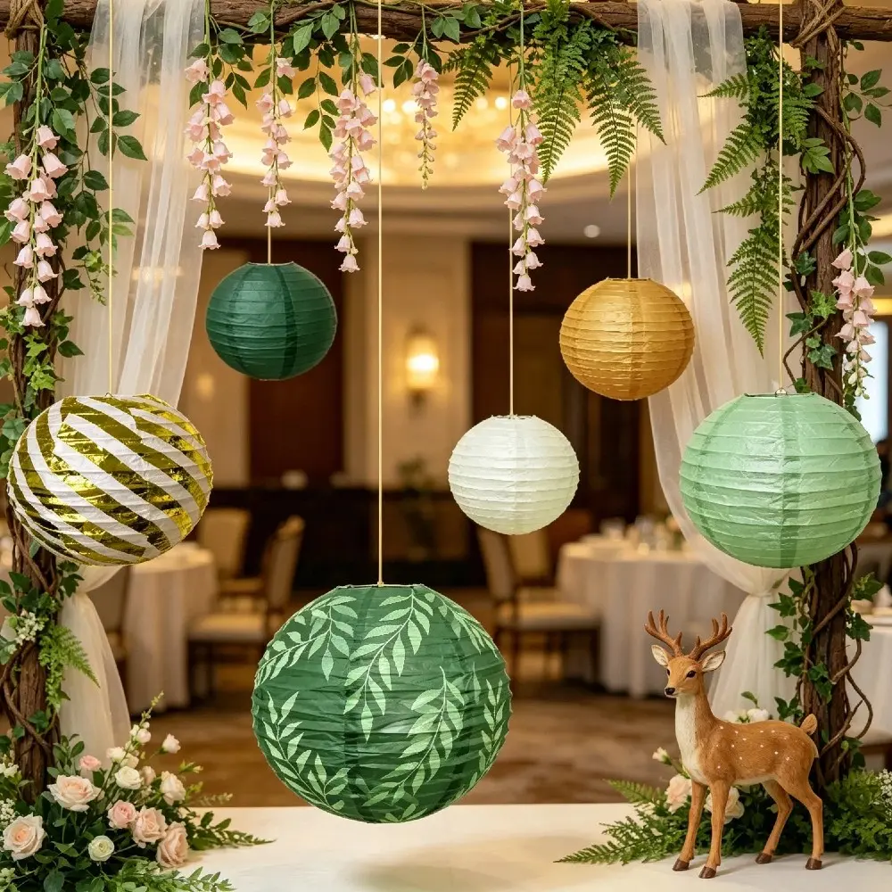 6Pcs/set Woodland Folding Paper Lantern, Woodland Hanging Paper Lanterns for Lawn Wedding Indoor Hotel Greenery Wedding Photo Prop Picnic Check-in Background Decor Birthday Party Photobooth Background