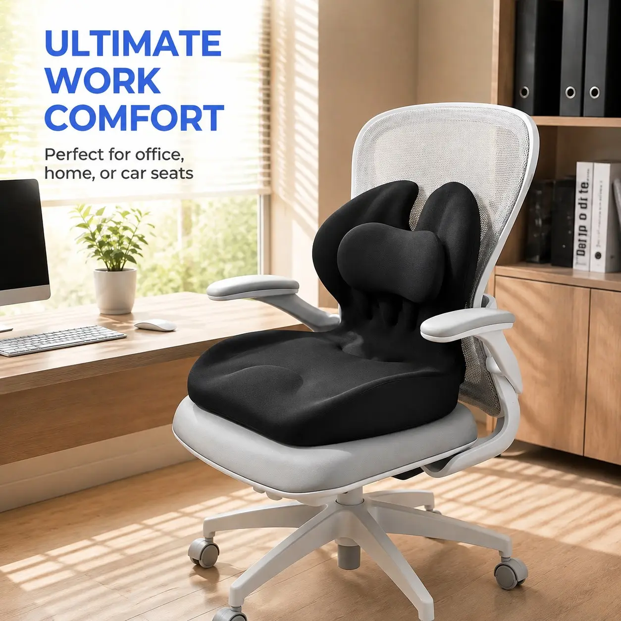 Ergonomic Memory Foam Seat Cushion, Adjustable Height Back Support Pad, Breathable Comfort Chair Pad for Office, Car, Truck, Home Use