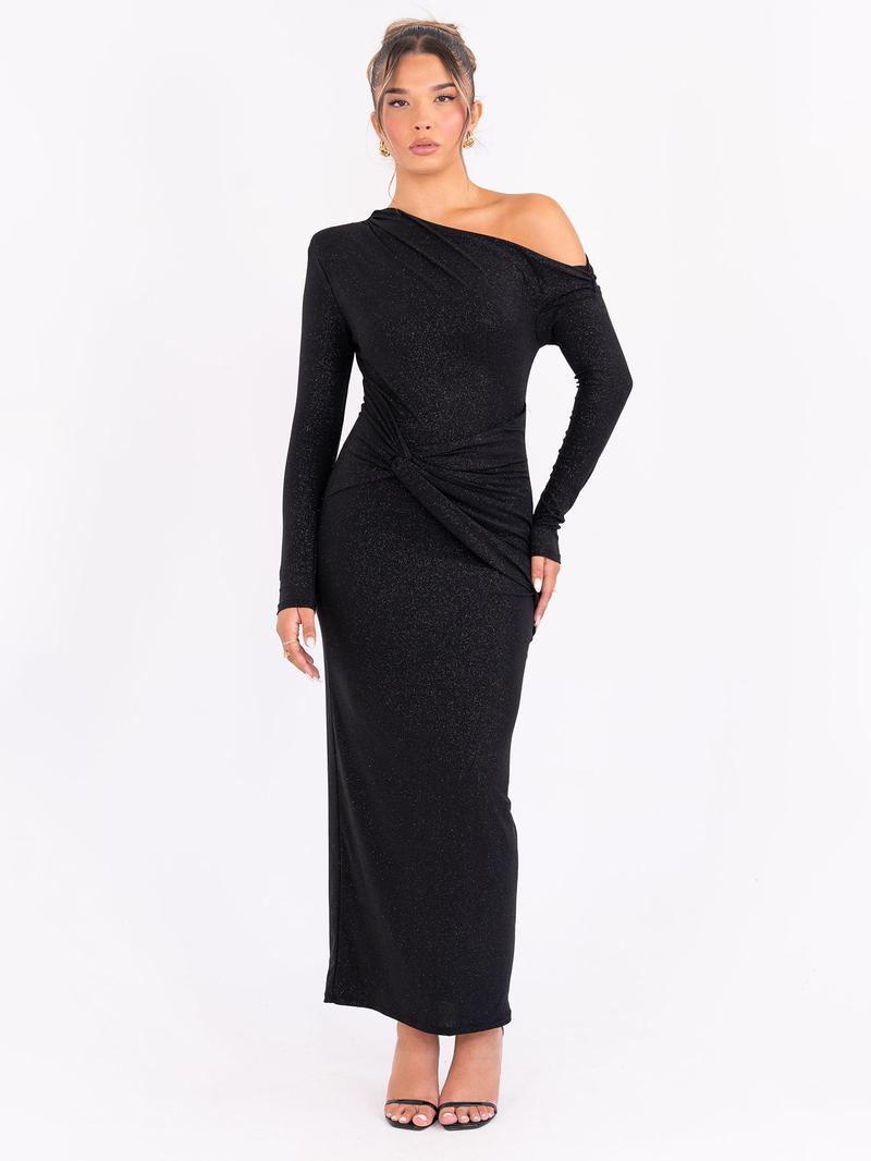 Women's Glitter Ruched Asymmetrical Neck Dress, Elegant Long Sleeve Dress for Party Club Dating Wear, Formal Ladies Clothes for All Seasons