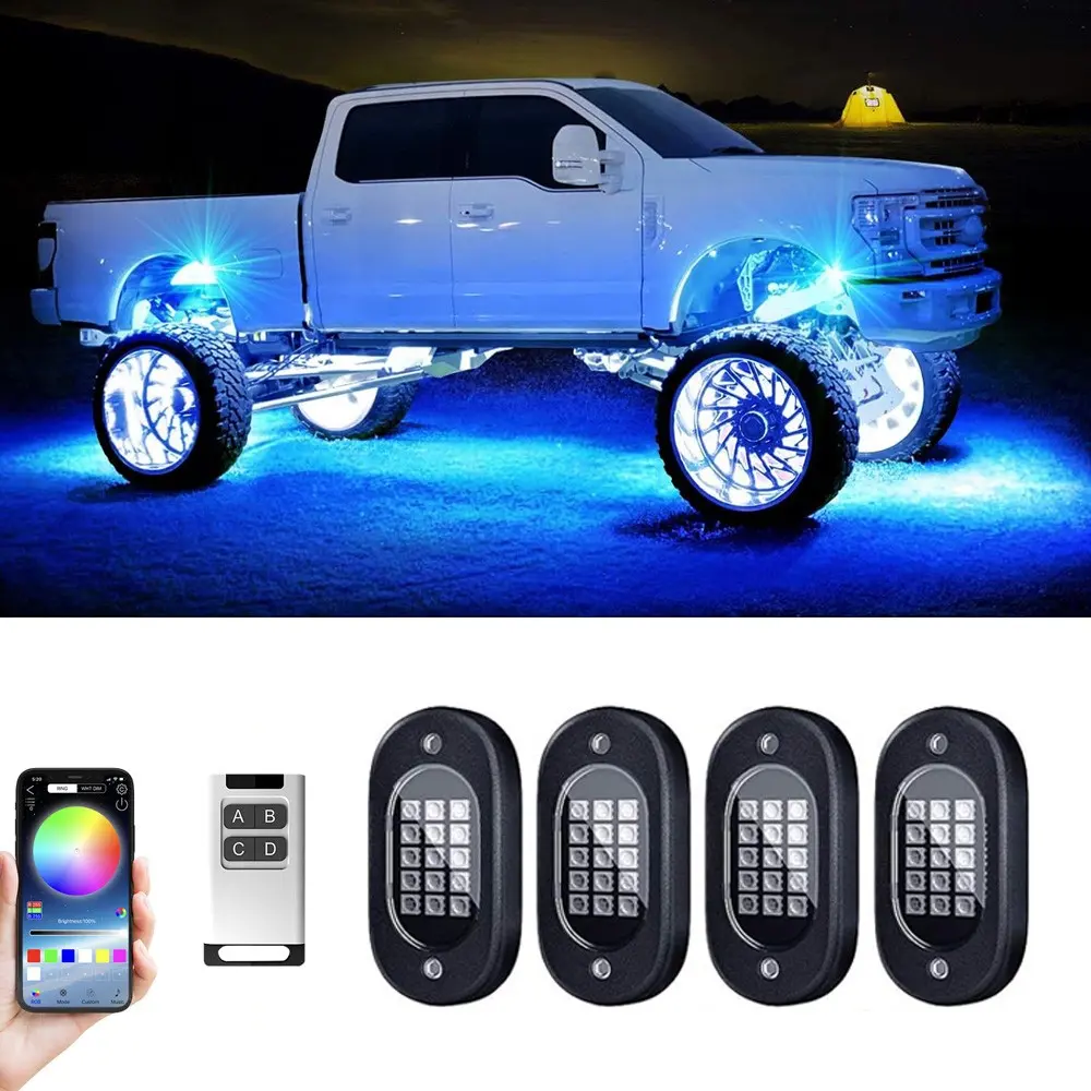 Bright RGB LED Rock Light with all the Installation wires and accessories, Waterproof IP68 CAR Rock Light with APP/RF Control, Multifunction Neon Underglow Kit, Premium Gift Box Packaging, Suitable for Pickup RZR SUV ATV, ideal for Family and Men's gift