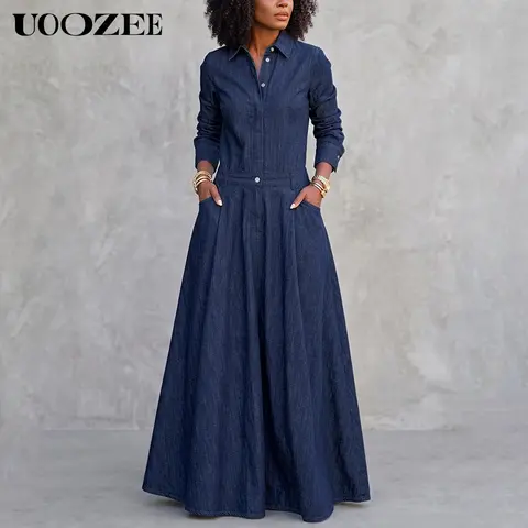 UOOZEE Women's Collared Neck Long-Sleeve Cotton Blend Fabric A-Line Long Dress - High-Waist Front Buttons Full Length Casual Shirt Dress with Functional Pockets for Autumn