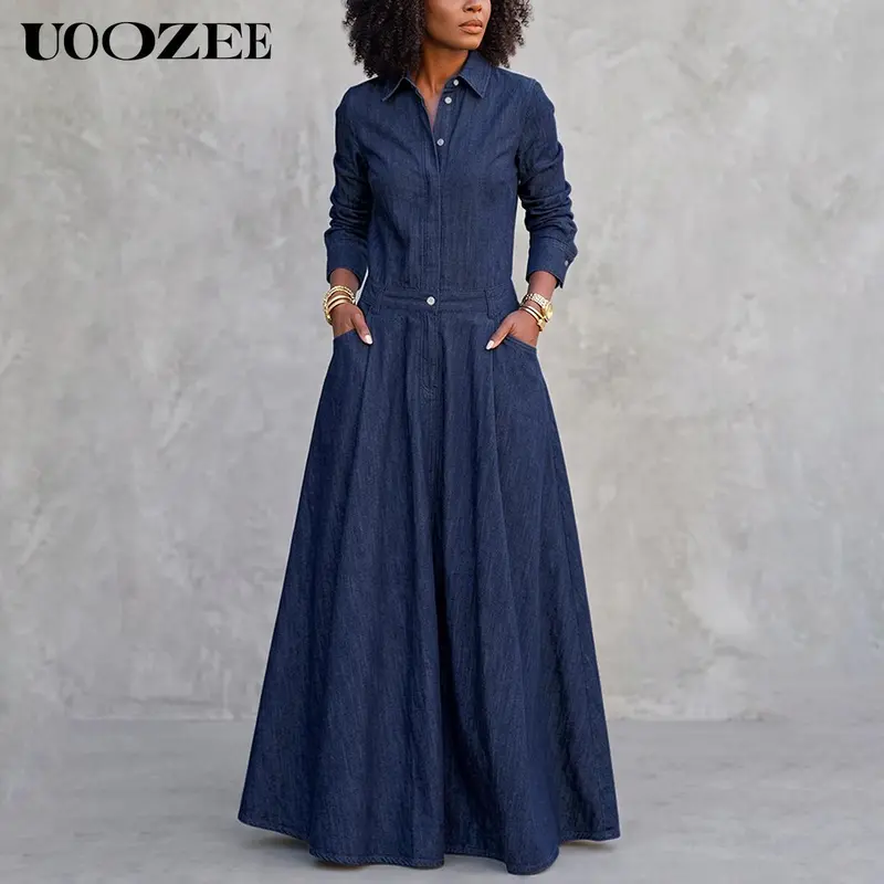 UOOZEE Women's Collared Neck Long-Sleeve Cotton Blend Fabric A-Line Long Dress - High-Waist Front Buttons Full Length Casual Shirt Dress with Functional Pockets for Autumn