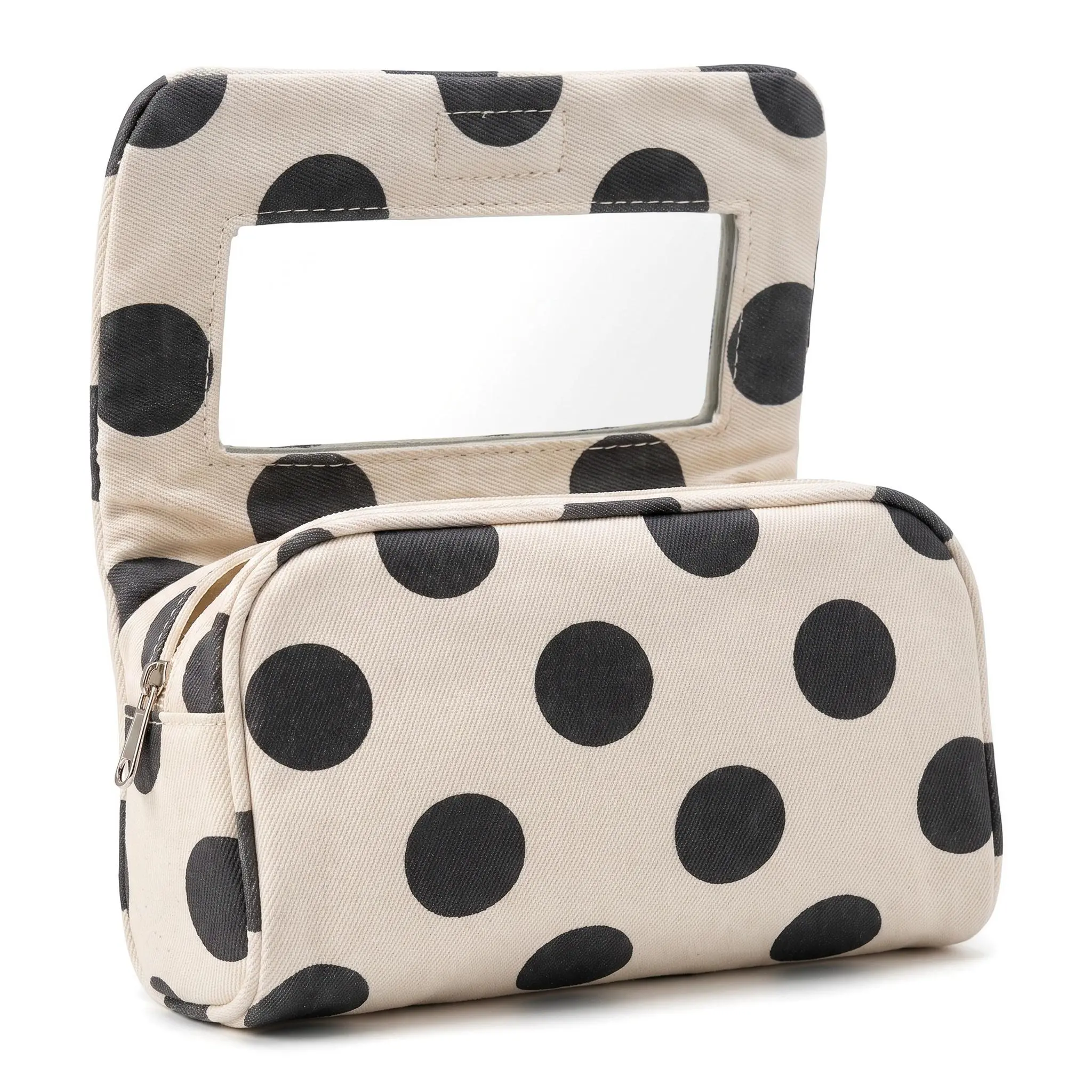Women's Retro Korean Polka Dot Canvas Makeup Bag - Envelope Clasp, Large Capacity, Built-In Mirror, Travel Ready Toiletry Bag, Portable Vanity Organizer for On-the-Go Use
