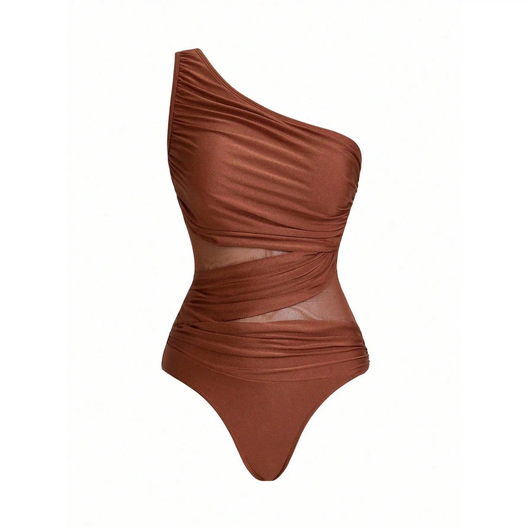 Women's Solid Color Ruched Mesh Panel One-Piece Swimsuit with Sarong Skirt, Tummy Control Bathing Suit, Fashion Swimwear for Summer Beach Vacation Pool Party & Resort Wear swimsuits 2026 women tankini bathing suits flattering fortummy