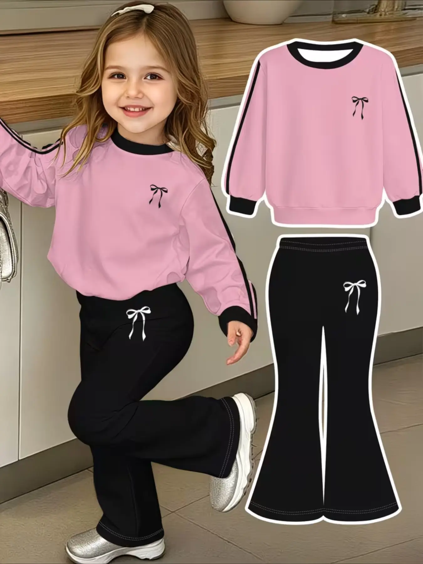 Girls' Round Neck Hoodie and Bell Bottoms Set, Sporty Suit, Active Set, Lightweight Comfortable, Ideal for Outdoor Activities, Fashion Clothes Sets
