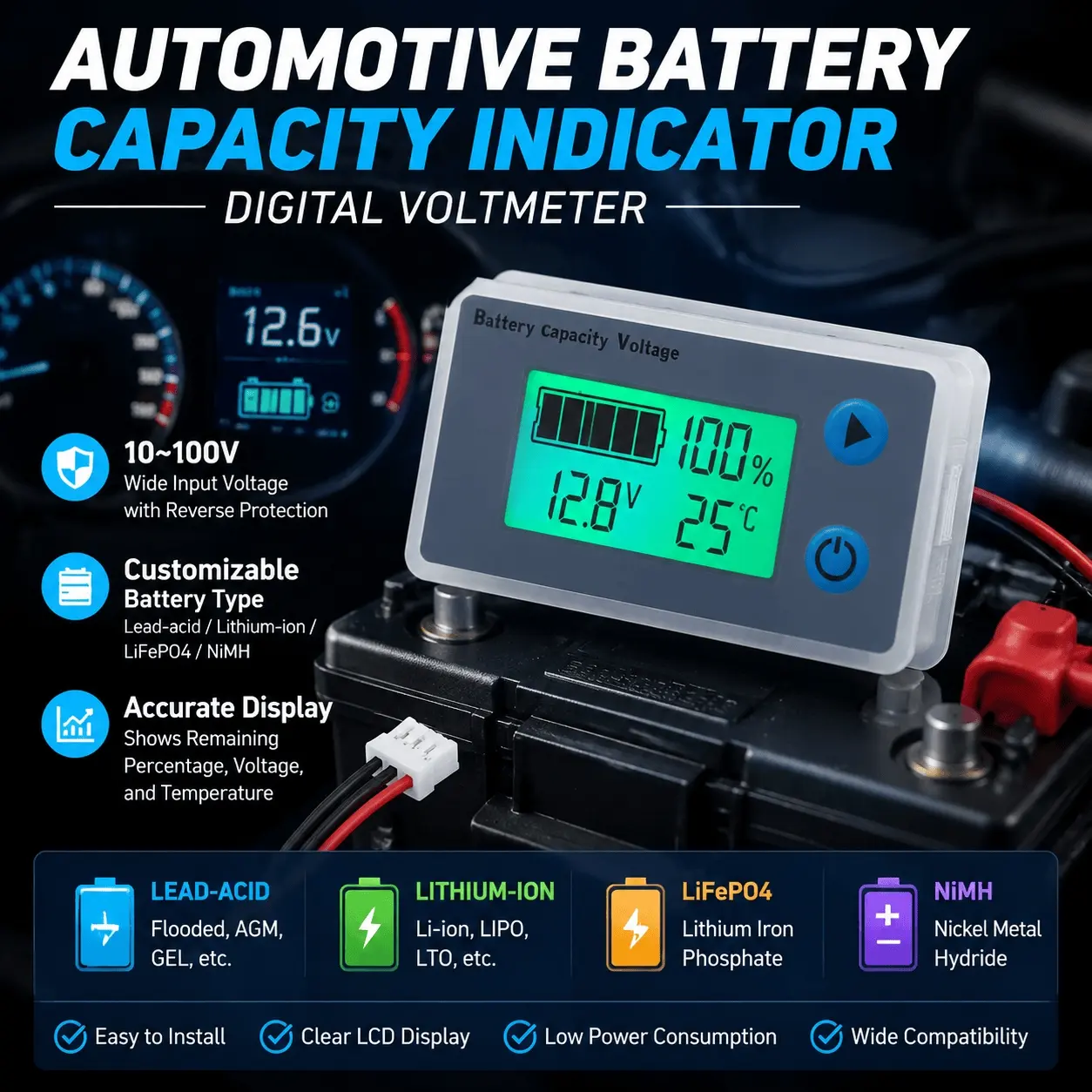 Programmable Battery Capacity Monitor 10-100V, Voltage Temperature Meter, Voltmeter, 12V 24V 36V 48V Li-ion Battery Tester with LCD Percentage Display, Accurately Check Battery Health & Real-Time Power Level for Multiple Battery Types