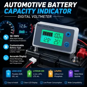Programmable Battery Capacity Monitor 10-100V, Voltage Temperature Meter, 12V 24V 36V 48V Li-ion Battery Tester with LCD Percentage Display, Accurately Check Battery Health & Real-Time Power Level for Multiple Battery Types