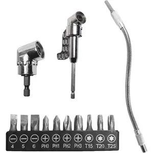 105  Right Angle Drill Adapter, Power  Socket Adapter for Narrow Spaces, Corner Tool Screw Hub with Multi-Function Bend  Bit(Size:Short+Long)