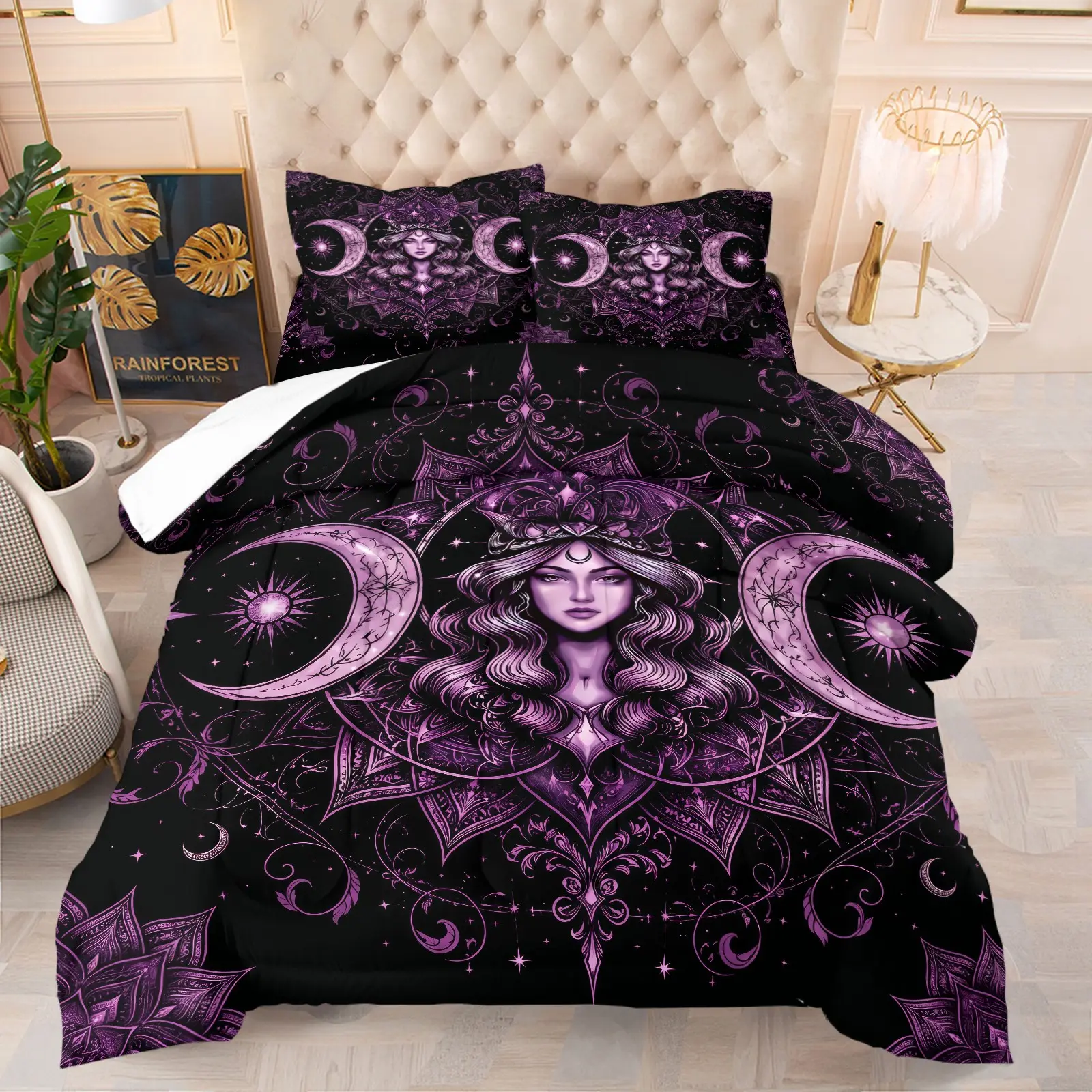 Mystical Purple Triple Moon Goddess & Star Comforter Set, Soft Breathable Gothic Night Sky Bedding, 1 Quilt + 1/2 Pillowcases, Unique Witchy Gift Quilt for Bedroom, Dorm & Guest Room, Twin/Full/Queen Size