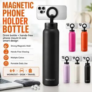 Magnetic Phone Holder Water Bottle, Stainless Steel Insulated Drink Bottle with Hands-Free Phone Mount, Strong Magnetic Hold Portable Bottle for Workout, Desk, Travel, Gym and Daily Use