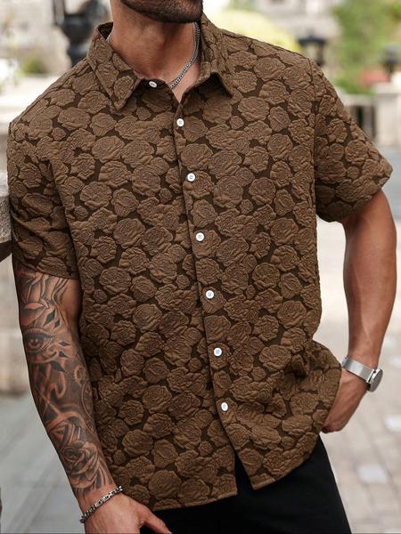 Men's Rose Print Short Sleeve Shirt, Casual Button Collared Loose Casual Soft Comfy Button Up Top for Summer, Men's Clothes for Daily Wear