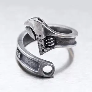 S925 silver ring with a vintage distressed design, trendy biker style, wrench-shaped open ring for men, unique and stylish