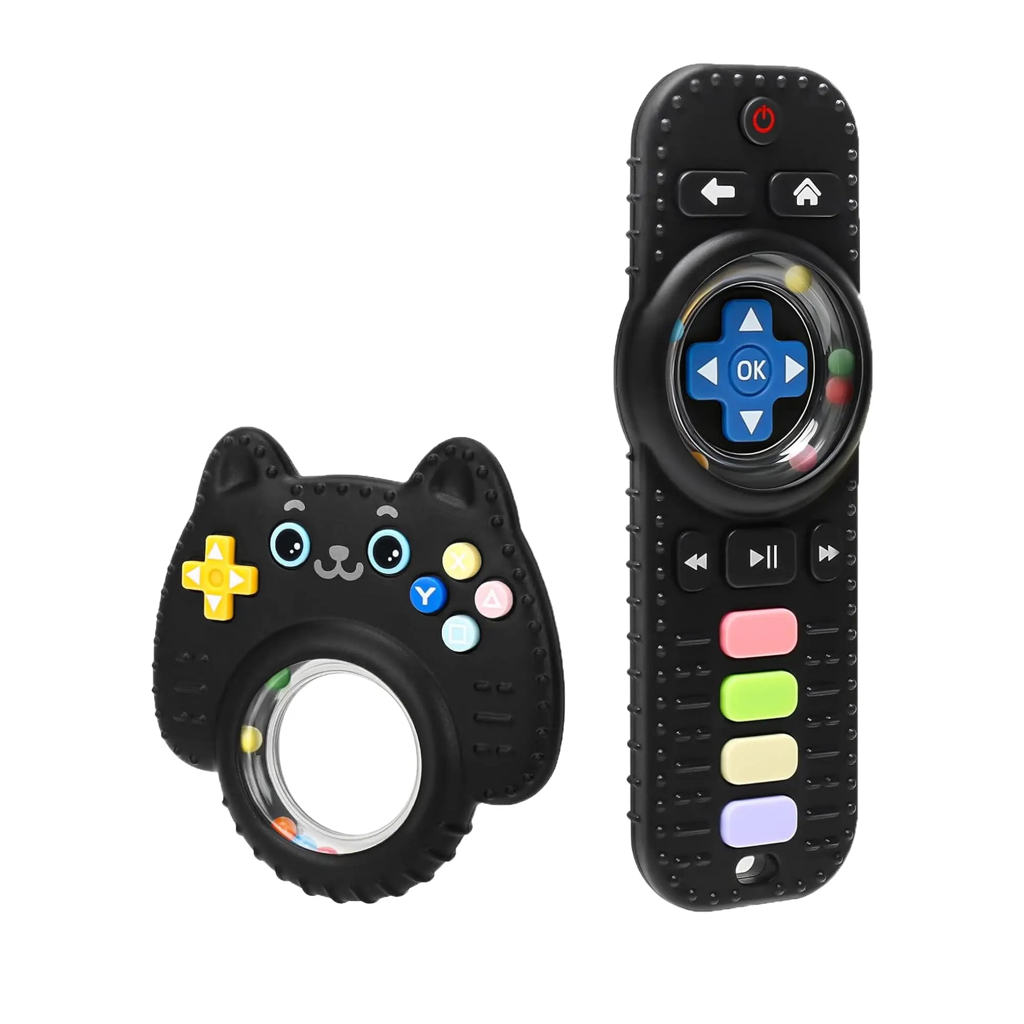 2-Pack Baby Teething Toys, Food-Grade Silicone Remote Control and Game Controller Teethers with Textured Surfaces and Rattle Rings, BPA-Free, for Babies 0-12 Months
