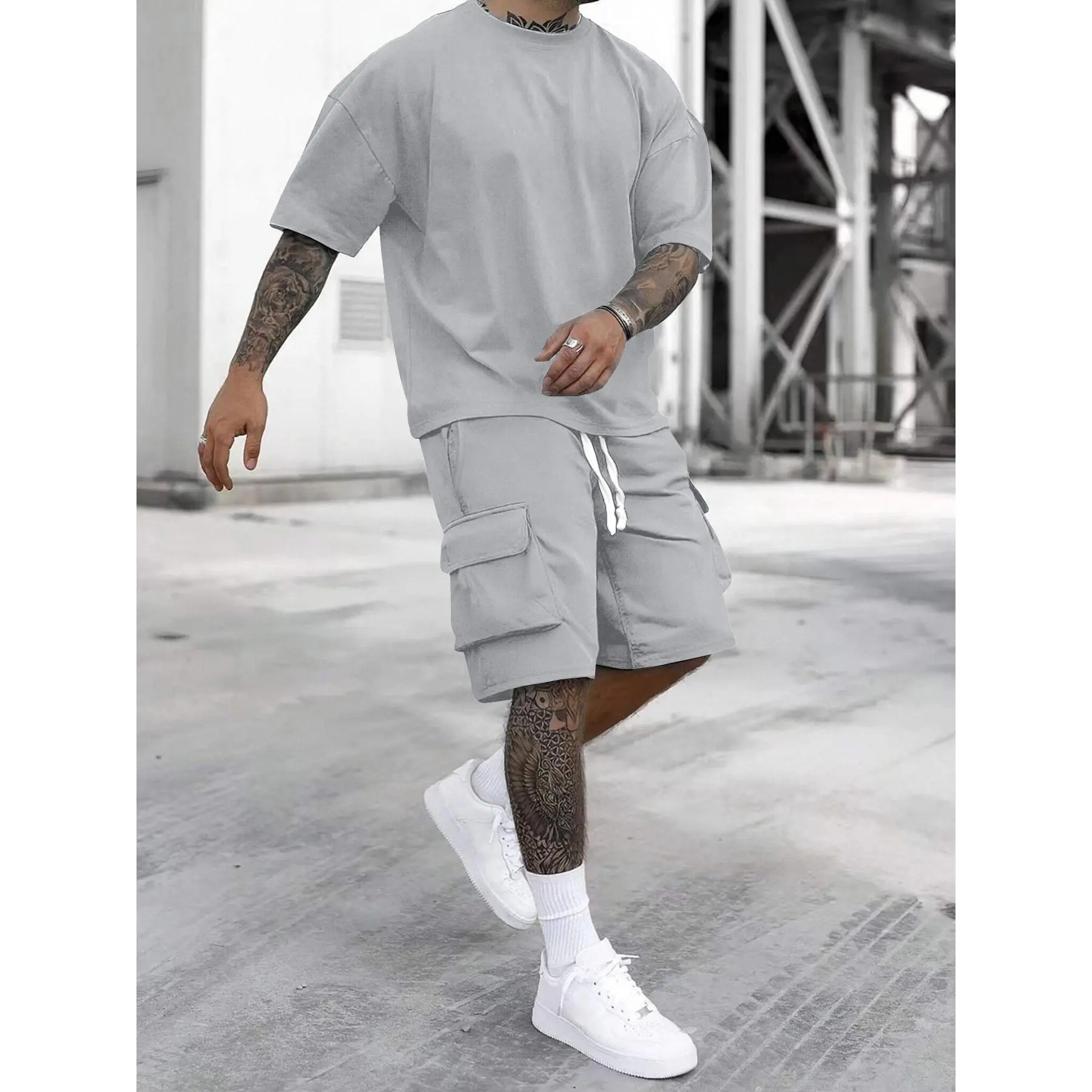 Men's 2-Piece T-Shirt and Shorts Set, Casual Solid Color Loungewear with Pockets, Regular Fit Breathable Short Sleeve Summer Sleepwear, Menswear, Shortsleeve, Drawstring, 2 Pc Shorts & Top Sets