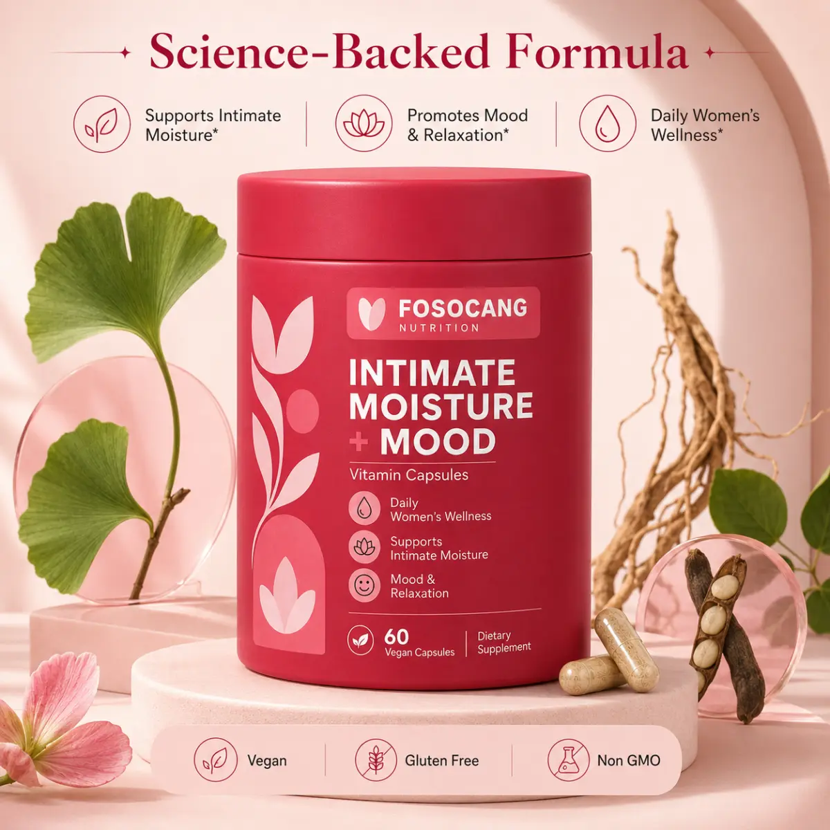 Women’s Intimate Moisture & Mood Support Capsules, Daily Wellness Supplement with Ashwagandha KSM-66, Ginkgo Biloba & GABA, Vegan 60 Capsules