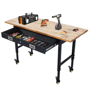 GARVEE60x22 Inch Workbench with Drawer Storage, Adjustable Height Worktable for Garage, Rubber Wood Top Heavy Duty Workbench with Power Outlet & 4 Lockable Wheels, 2000lbs Load Capacity for Workshop Home