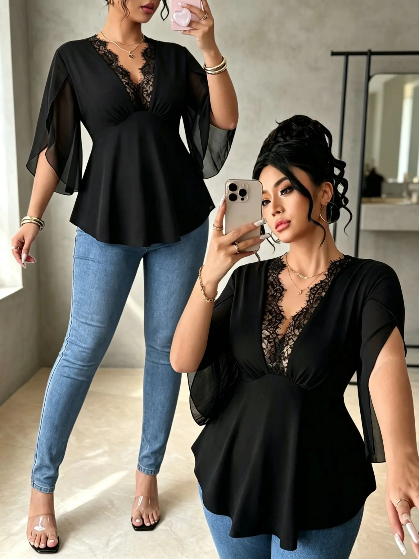 Plus Size Lace Patchwork Chiffon Top, Versatile Office Style V-Neck Slimming Short Sleeve Shirt, Perfect for Daily Wear and Dates