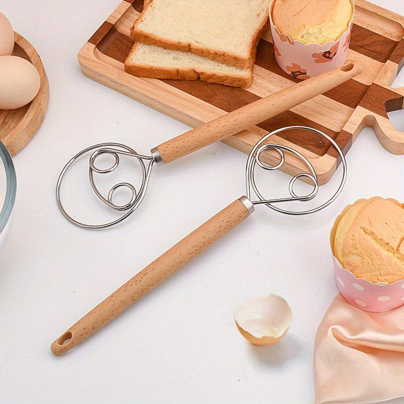 Stainless Steel Danish Dough Whisk - Hand Mixer and Dough Blender for Bread, Pastry, and Pizza Dough - Manual Kitchen Baking Tool with Wooden Handle - Food Contact Safe