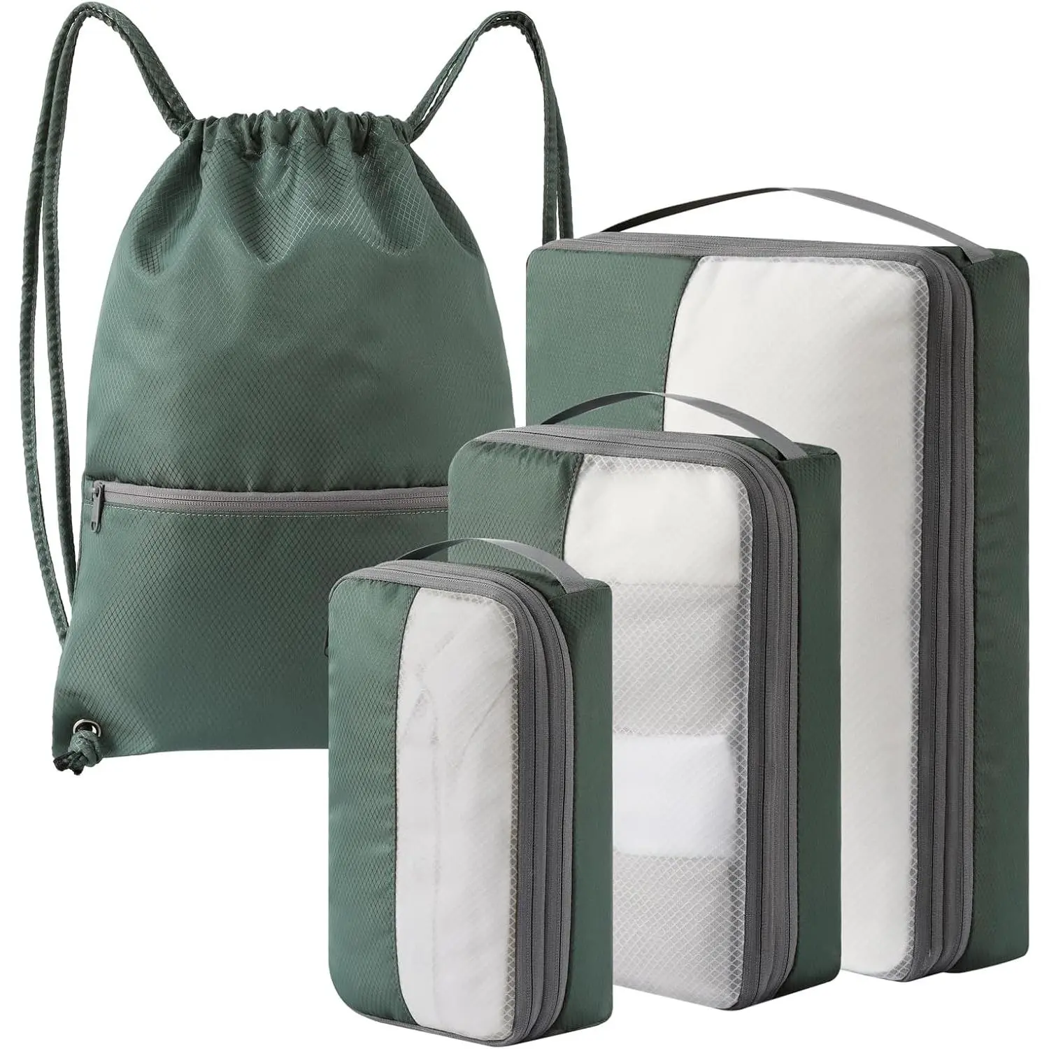 4 Set Compression Packing Cubes for Travel, Bonus Versatile Drawstring Backpack, Lightweight Luggage Organizer Bags, Sturdy Travel Accessories for Suitcase, Dark Green