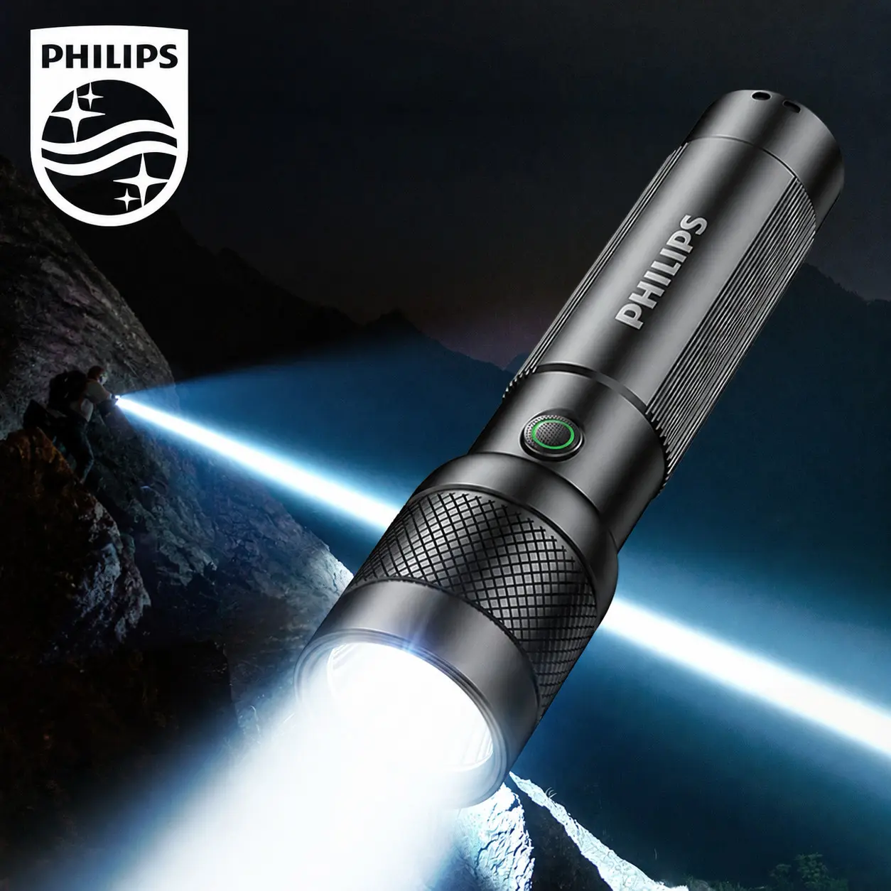 Philips Rechargeable EDC Flashlight, Stepless Dimming Tactical Torch with SOS & Strobe Modes, IPX4 Waterproof, Type‑C Charging, 1200mAh Built‑in Battery for Camping Fishing Emergency