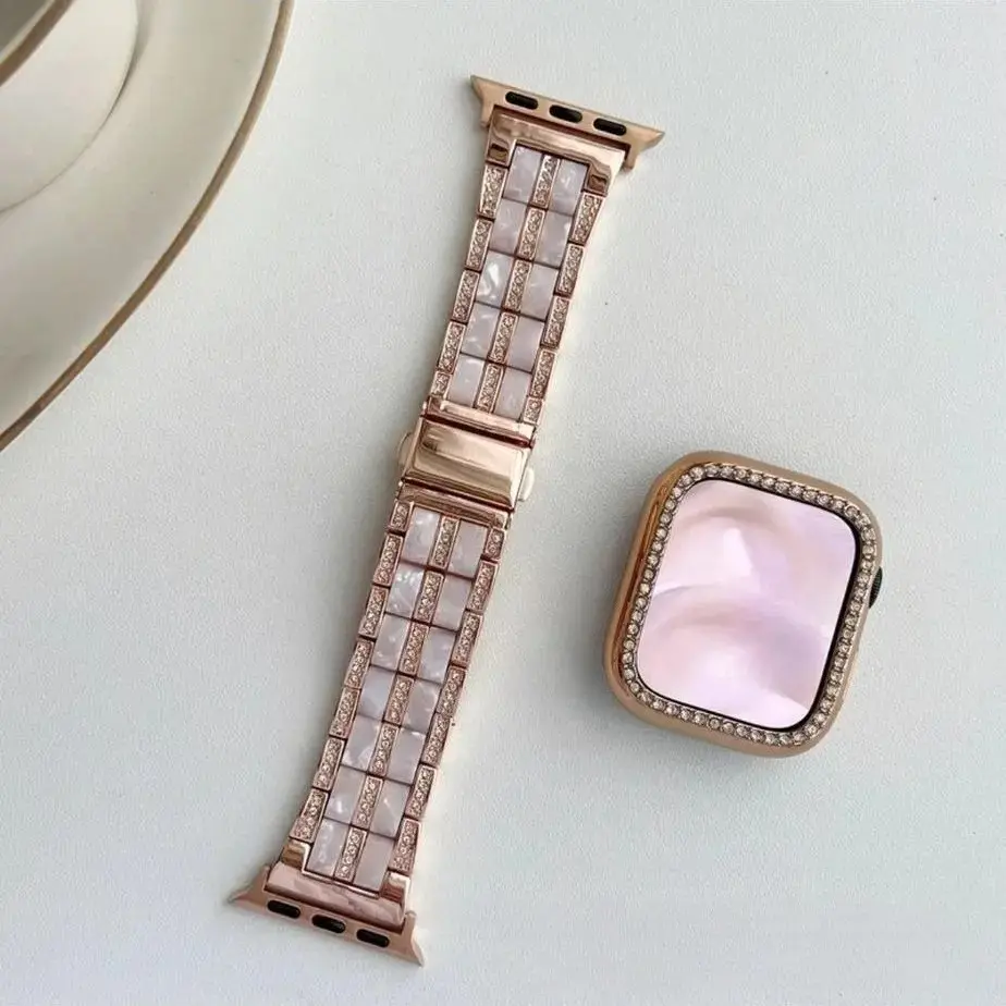 Women's 2-in-1 Value Set Smartwatch Band & Case, Luxury Diamond-Encrusted Resin+Metal Strap with Sparkle Drop Protection Bumper, Multi-Size Wearable Accessory for 38-49mm Smartwatches, Durable, Smartwatch Strap