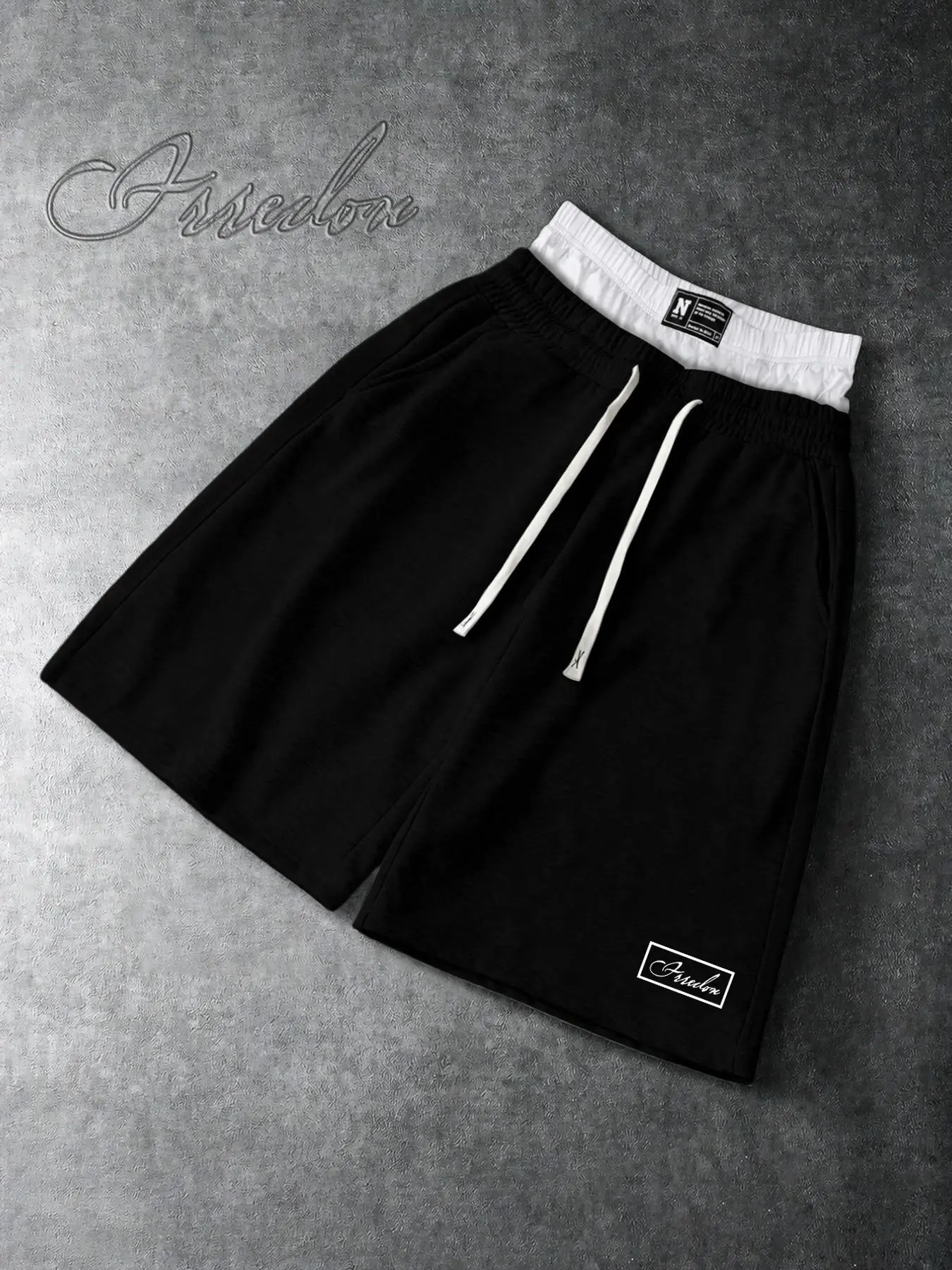Men's Fake Two Layer Waist Drawstring Sweat Shorts, Minimal Handwritten Signature Logo Loose Casual Athletic Shorts with Side Pockets