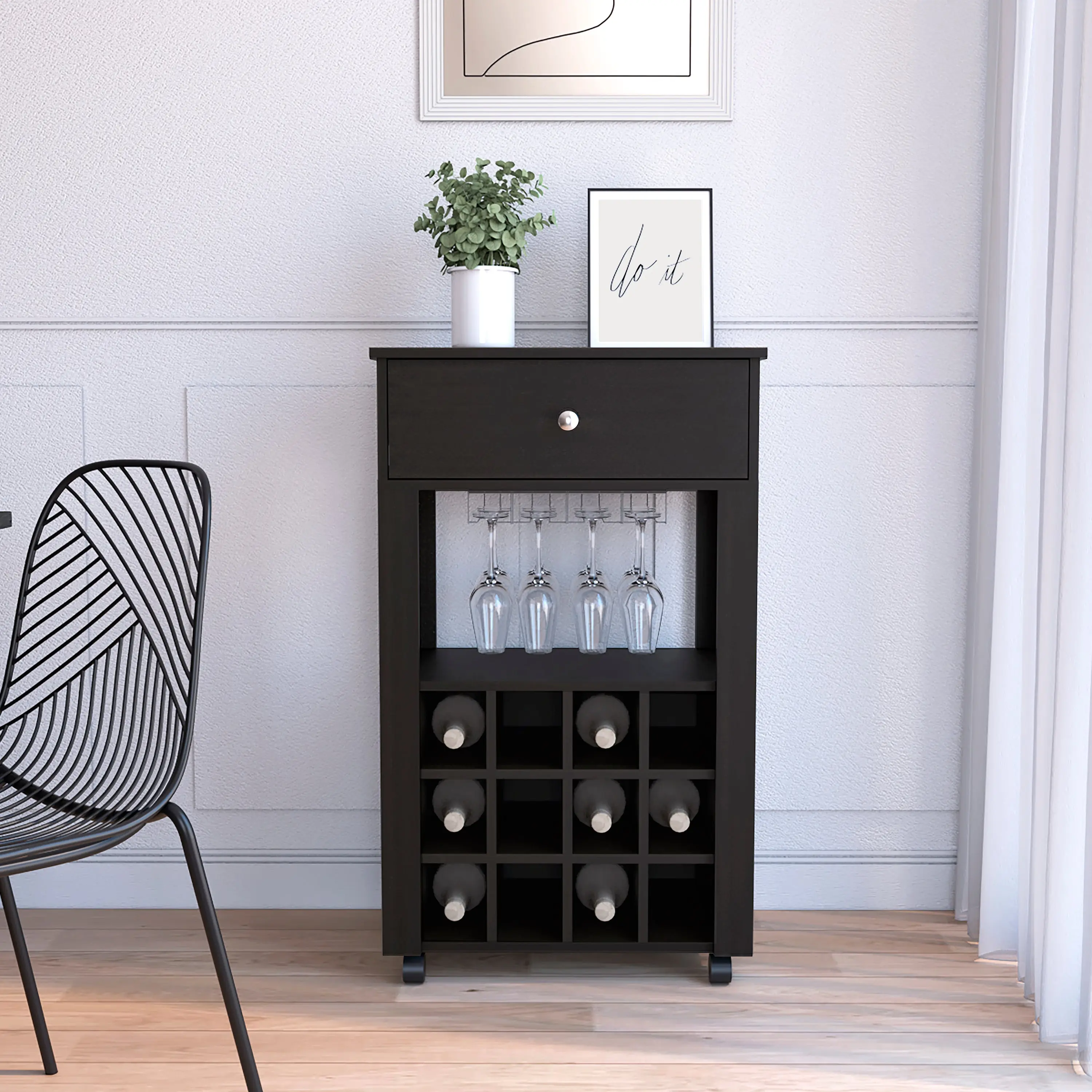 Nokaa Coffee Cart with 12-Bottle Wine Rack, Black Kitchen Storage Cabinet on Wheels, Particle Board Sideboard with Drawer and Open Shelf, for Dining Room Living Room Bar, 23.6"W x 14"D x 39.4"H