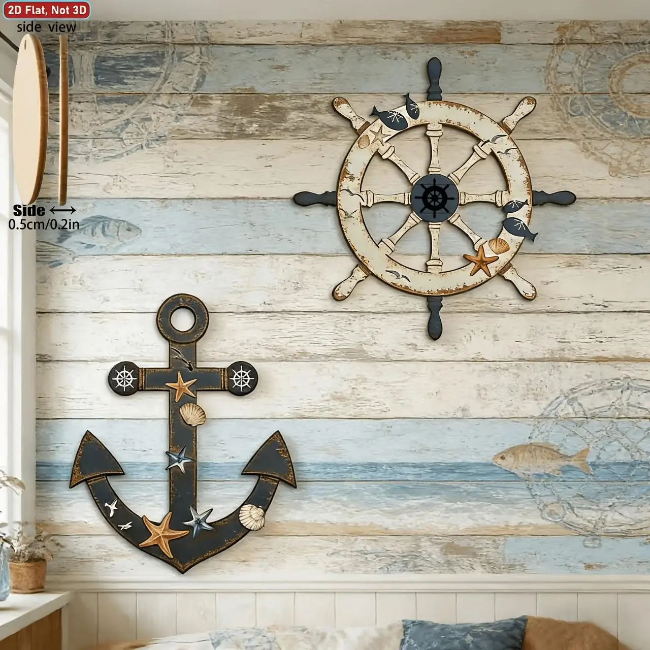 2Pcs Nautical Wooden Wall Decor Set, Vintage Ship Wheel & Anchor Wood Wall Plaques, Rustic Coastal Ocean Themed Wall Art for Beach House Bathroom Porch, Seaside Home Decoration Housewarming Gift