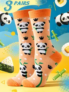 3 Pairs Mid-Calf Socks, Casual Style, Panda Animal Cartoon Pattern, High Elasticity, Durable Anti-Slip, Creative Student Campus Socks