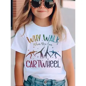 children's trampoline gymnastics rainbow letter print white T-shirt | Crew neck, casual T-shirt, medium stretch knitted fabric, regular version, suitable for boys and girls, letter pattern