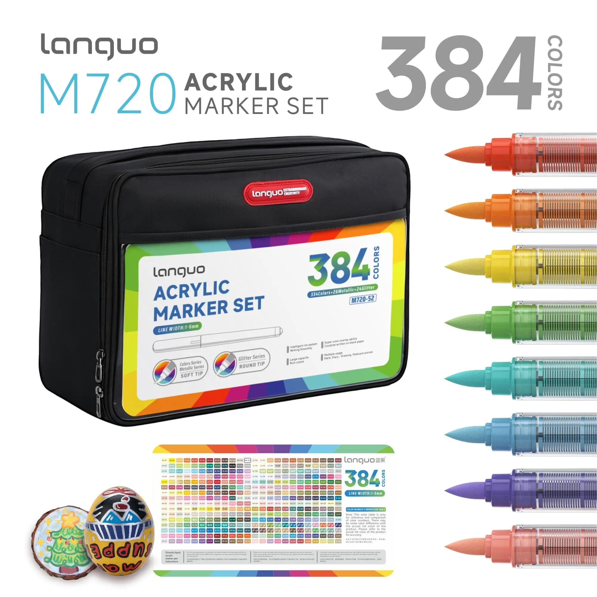 M720 Series 384-Piece Acrylic Marker Set, Smooth Ink, Full Color Range, Suitable for Hard Surfaces, Portable Canvas Case, Ideal for School Season