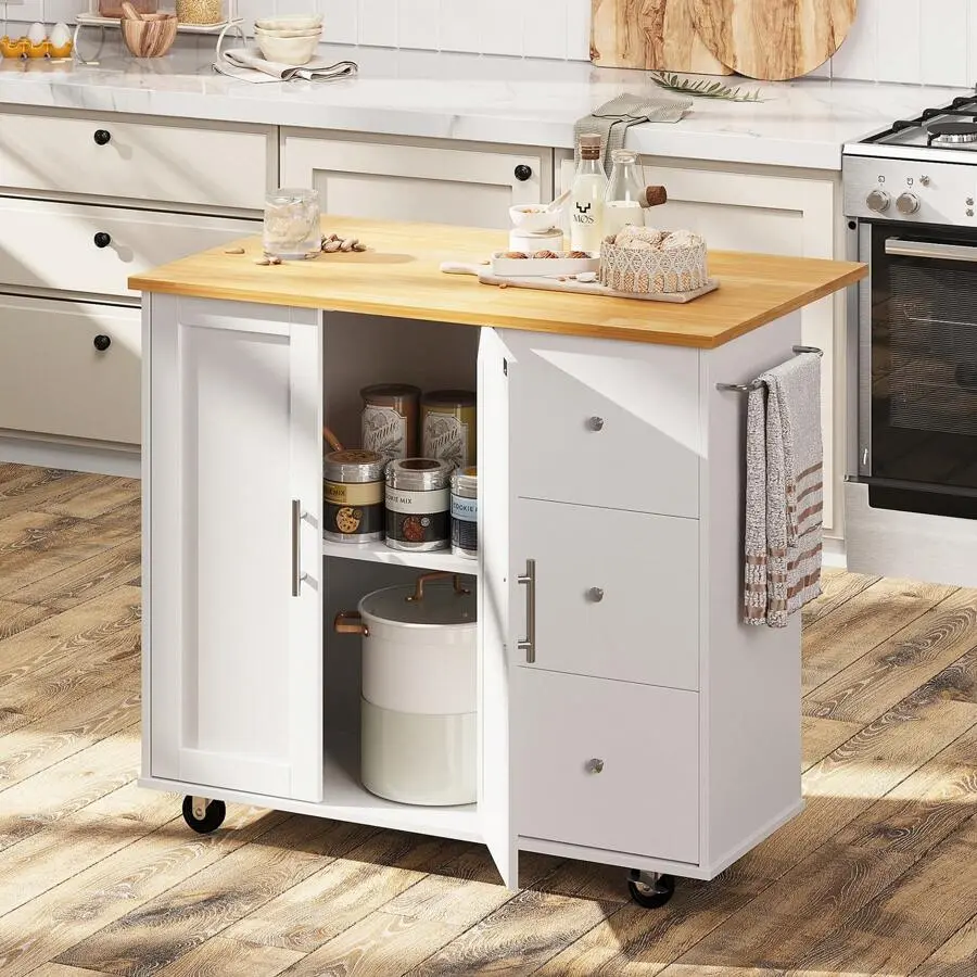 Rectangular Sturdy Wood Foldable Kitchen Island Cart with Folding Drop Leaf Breakfast Bar, Portable Wheels Trolley, Large Storage Cabinet, Shelf and Single Unit Drawer