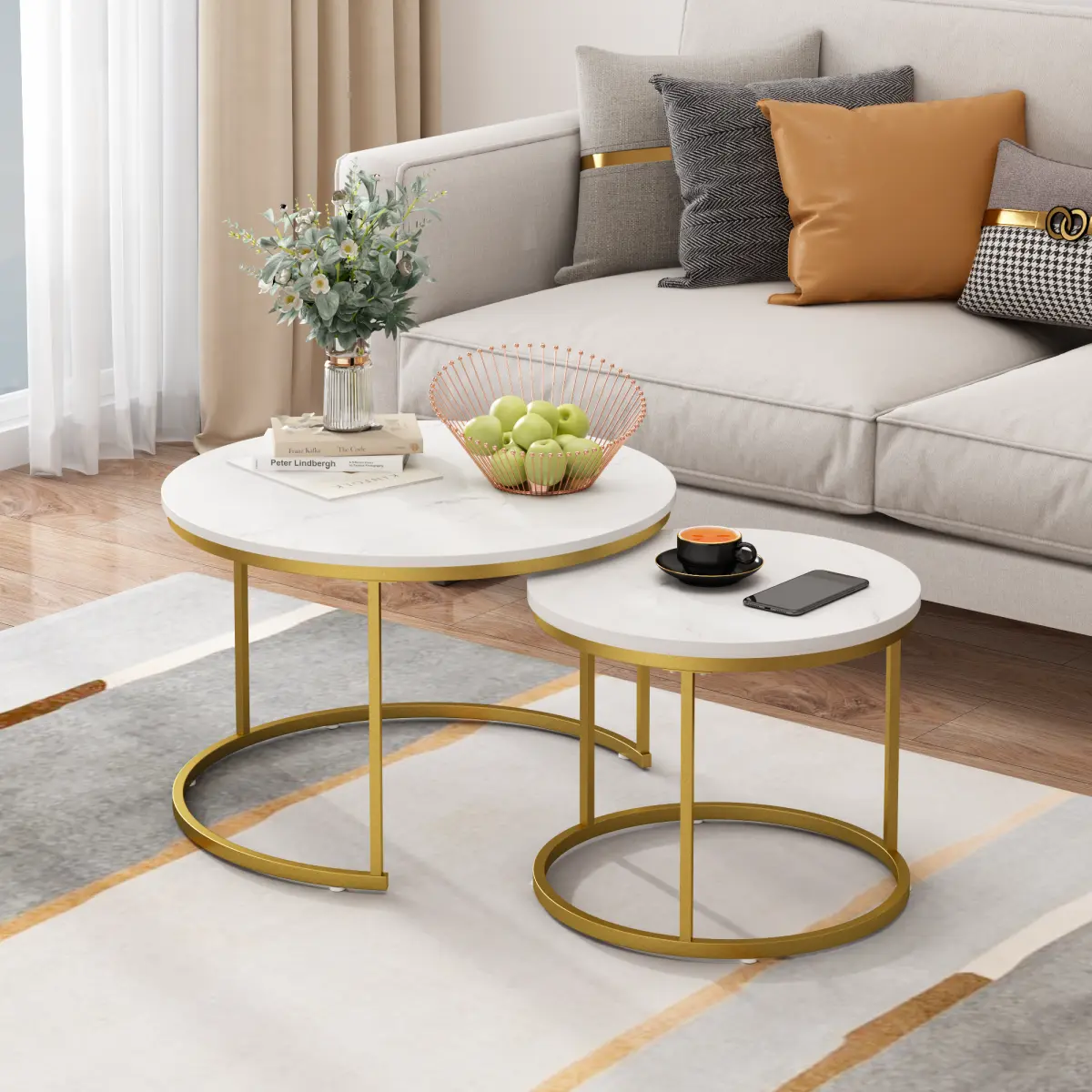 27.6in Nesting Coffee Table Set of 2, Round Coffee Table Wood Marble Pattern Top with Sturdy Metal Frame, End Table Side Tables for Living Room Bedroom Balcony Yard (White)