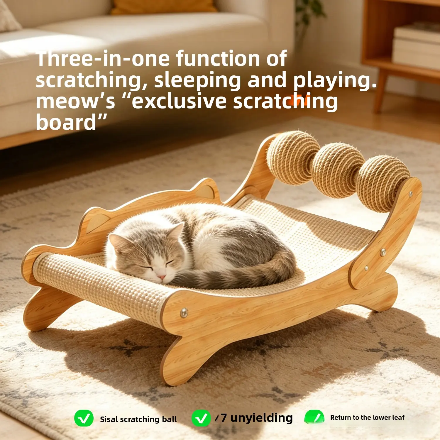 3-in-1 Multi-Function Extra Large Cat Scratching Board & Bed, Solid Wood Sisal Scratcher, Simple, Wear Resistant, Non-Shedding, with Play Ball Chaise Lounge