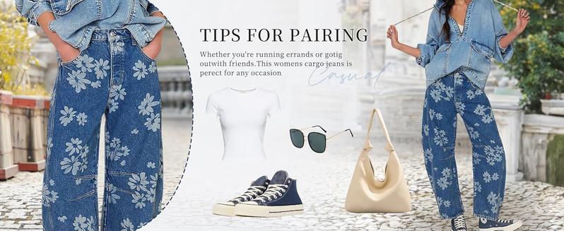 Women Y2k Distressed Barrel Jeans Baggy Wide Leg Jeans Floral Printed Boyfriend Patchwork Denim Pants2026