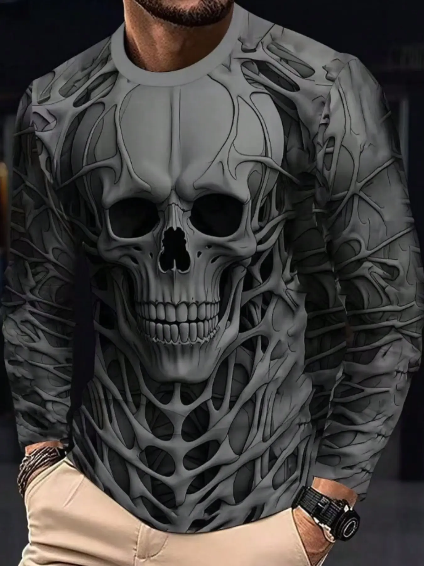 Men's 3D Skull Print Long Sleeve T-Shirt, Lightweight Breathable Casual Round Neck, Fitted, All Seasons, Spooky Halloween, Daily Wear