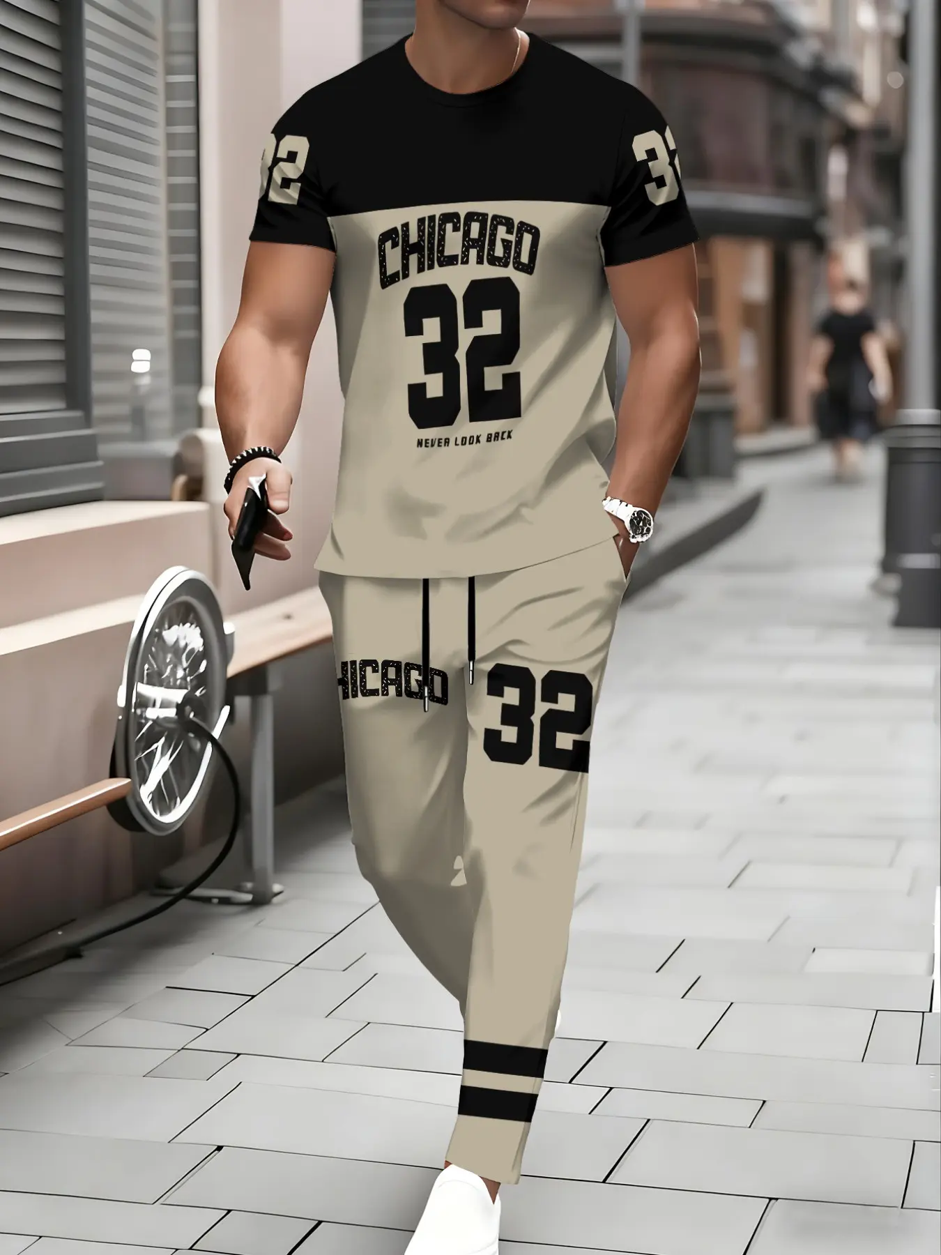 Retro-style Chicago 32 Graphic Ensemble Set,Featuring a color-blocked crew neck T-shirt and striped trousers, perfect for men's urban hip-hop everyday streetwear.
